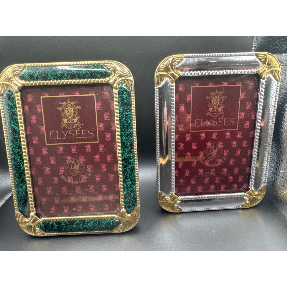 Elysees 3x5 Photo Frame Set of 2 Green Marbled Gold Silver Ornate Tarnish Resist